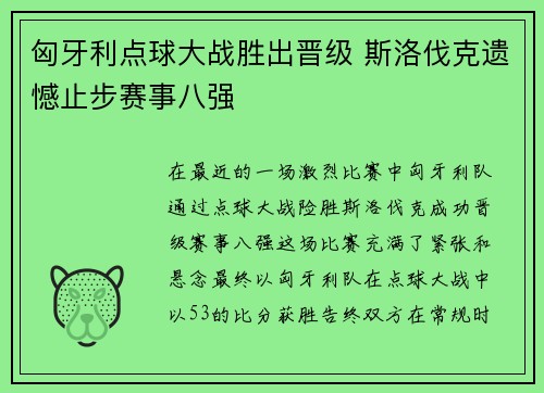 匈牙利点球大战胜出晋级 斯洛伐克遗憾止步赛事八强