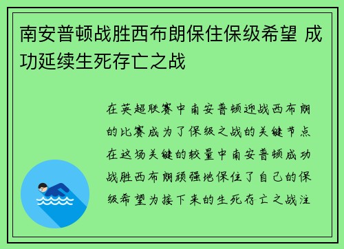 南安普顿战胜西布朗保住保级希望 成功延续生死存亡之战