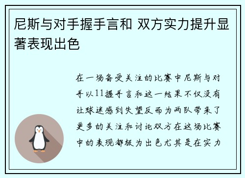 尼斯与对手握手言和 双方实力提升显著表现出色