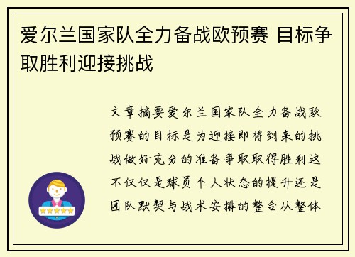 爱尔兰国家队全力备战欧预赛 目标争取胜利迎接挑战