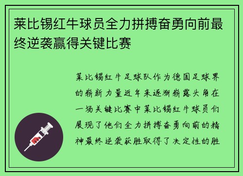 莱比锡红牛球员全力拼搏奋勇向前最终逆袭赢得关键比赛