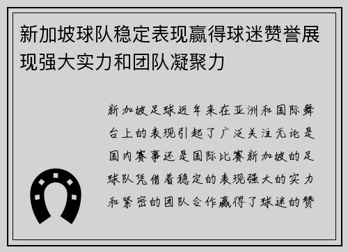 新加坡球队稳定表现赢得球迷赞誉展现强大实力和团队凝聚力